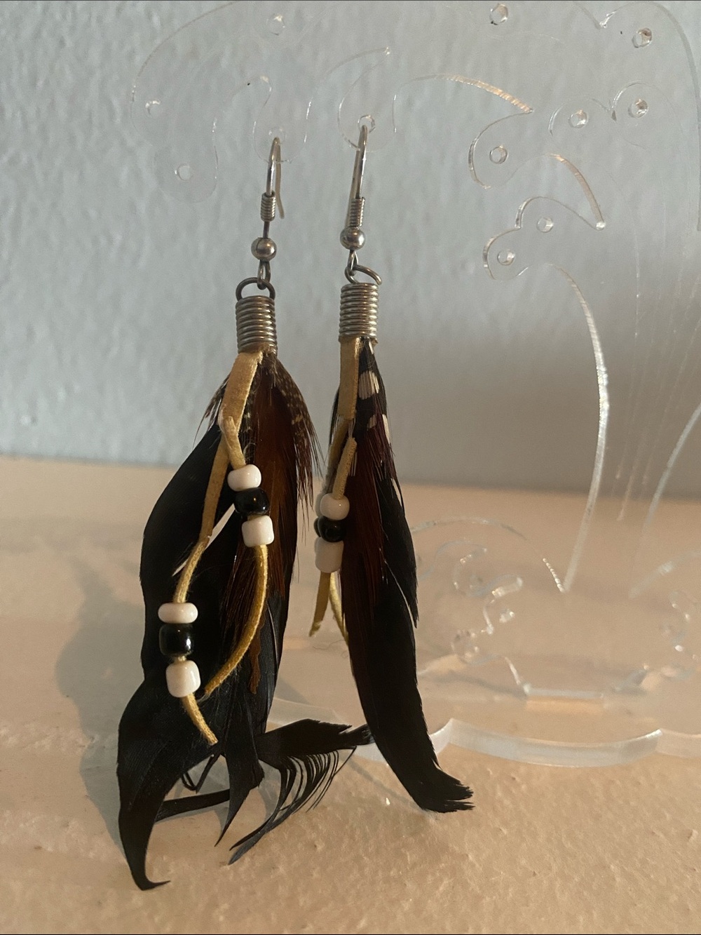 Boho Feather Drop Earrings - Black & Brown